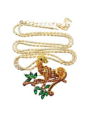 Betsey Johnson Necklace Crystal Leopard Brooch / Pendant Gold Tone